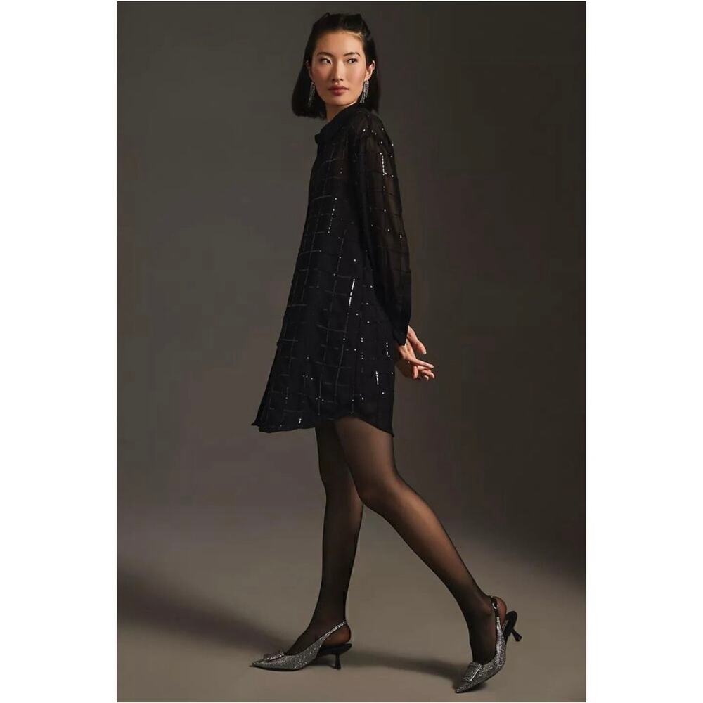 Anthropologie Rinku Dalamal Sequin Sheer Shirt Dress Black Size: Extra Small XS